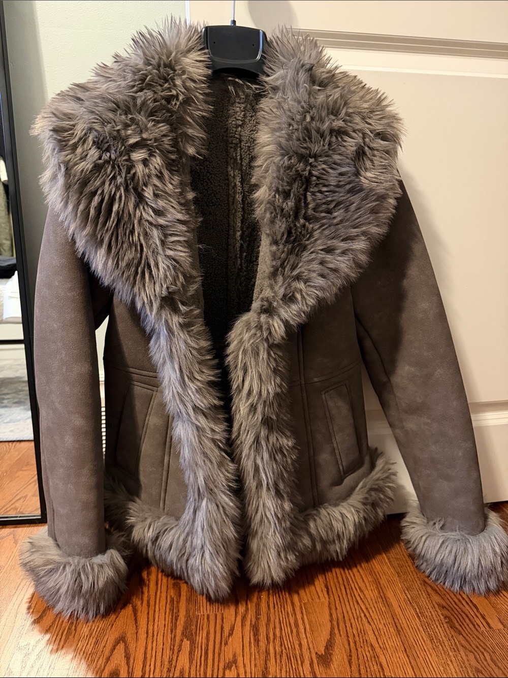 Mango Taupe Faux Shearling Jacket with Plush Fur Trim